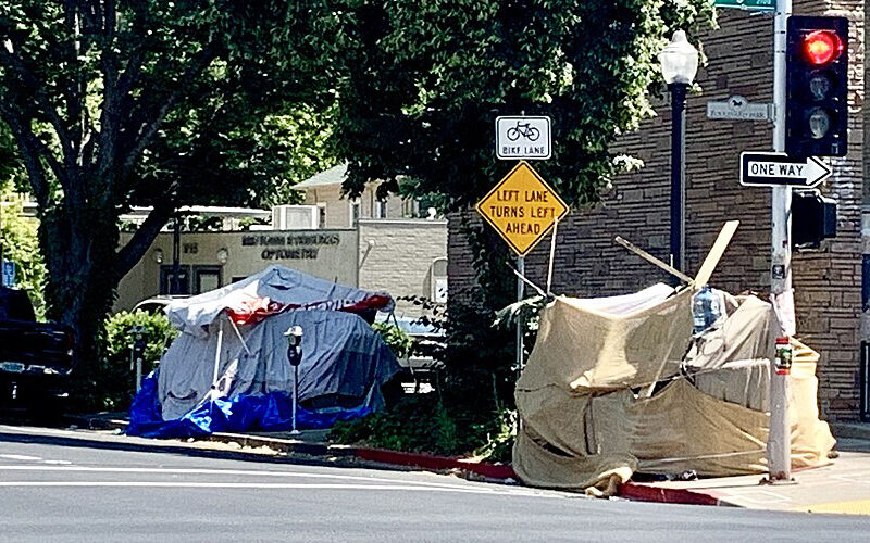 A photograph of two makeshift tents on the street in Sacramento, Calif.