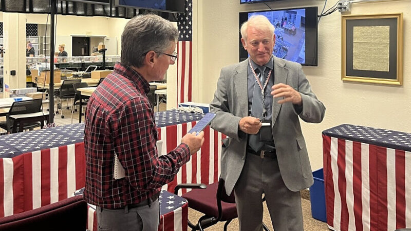Shasta County Registrar of Voters Clint Curtis talks to Redding Record Searchlight reporter David Benda.