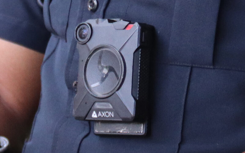 A picture of an Axon-brand bodyworn camera.